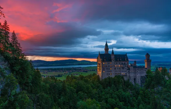 Лес, закат, озеро, замок, Германия, Бавария, Germany, Bavaria