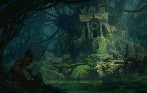 Женщина, джунгли, копье, руины, воительница, амазонка, Ruins in the jungle