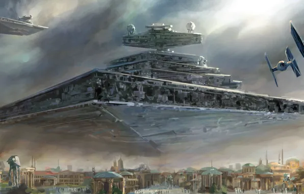 Star Wars, Star Destroyer, Artwork, Звёздный разрушитель, TIE Fighter, Галактическая Империя