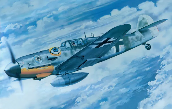 Небо, война, истребитель, Арт, Messerschmitt, немецкий, поршневой, одномоторный