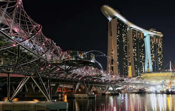 Картинка мост, огни, вечер, отель, сингапур
