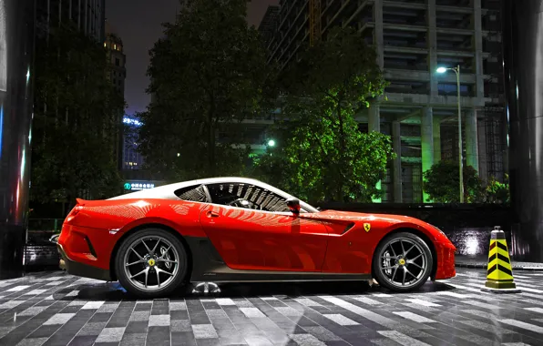 Картинка city, light, Ferrari, red, supercar, 599, night, GTO