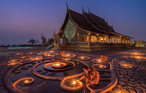 Lights, monk, Мьянма, temple, Myanmar, Buddhism, Korawee Ratchapakdee, Glow in the Dark