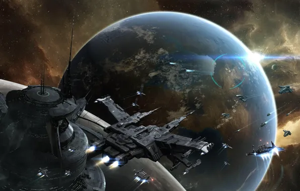 Туманность, планета, станция, Космос, space, битва, космический корабль, eve online