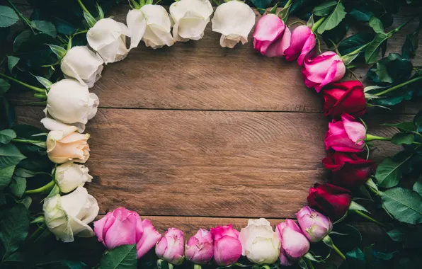 Картинка цветы, розы, рамка, white, wood, pink, flowers, romantic