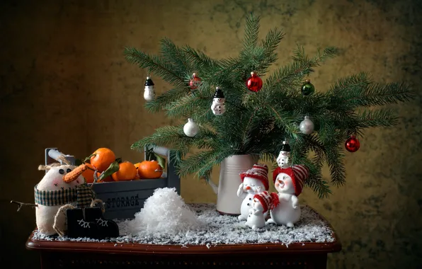 Снег, украшения, ветки, праздник, новый год, ель, ящик, хвоя