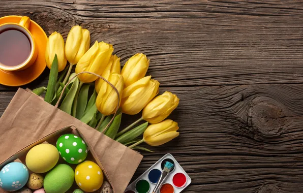 Картинка цветы, яйца, букет, желтые, colorful, Пасха, тюльпаны, happy