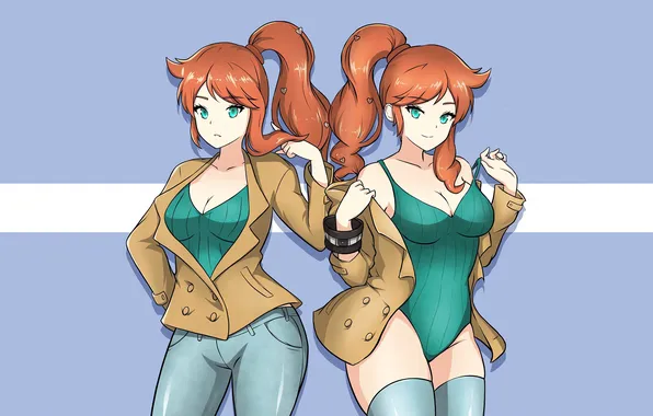 Girl, sexy, cleavage, thighhighs, bodysuit, green eyes, long hair, boobs