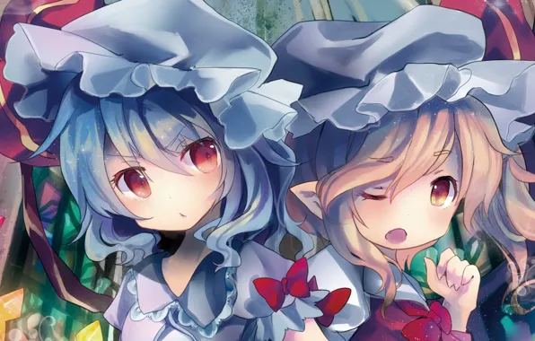 Взгляд, девочки, touhou, недовольство, remilia scarlet, art, flandre scarlet, kedama milk