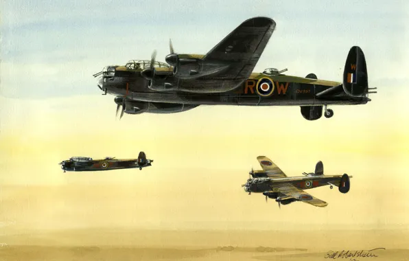 Рисунок, арт, бомбардировщик, британский, тяжелый, четырехмоторный, Avro Lancaster
