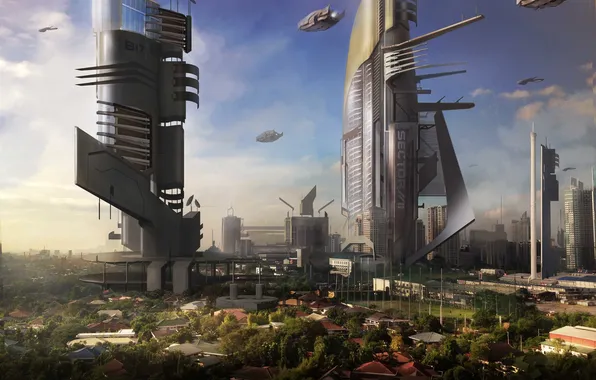 Картинка город, будущее, корабли, арт, сооружения, башни, cloudminedesign