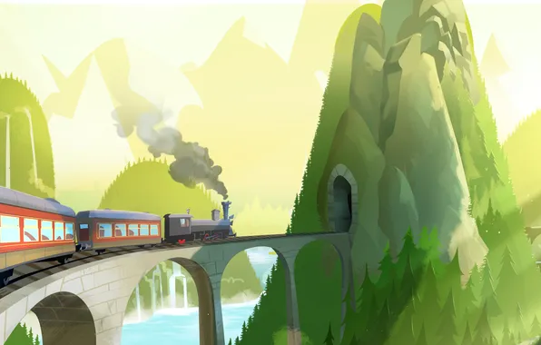 Картинка мост, холмы, поезд, туннель