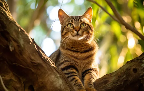 Кошка, кот, взгляд, ветки, природа, дерево, полосатый, боке