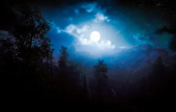 Картинка лес, деревья, пейзаж, горы, луна