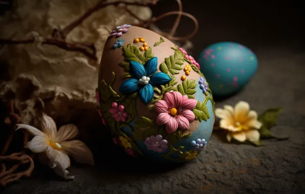 Цветы, темный фон, праздник, яйца, весна, Пасха, украшение, орнамент