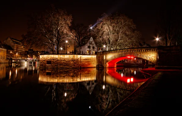 Картинка ночь, мост, огни, река, Франция, дома, Страсбург