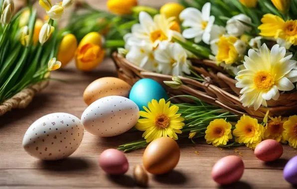 Картинка цветы, яйца, весна, colorful, Пасха, happy, flowers, spring