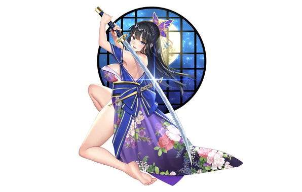 Girl, sword, sexy, yukata, cleavage, long hair, dress, boobs
