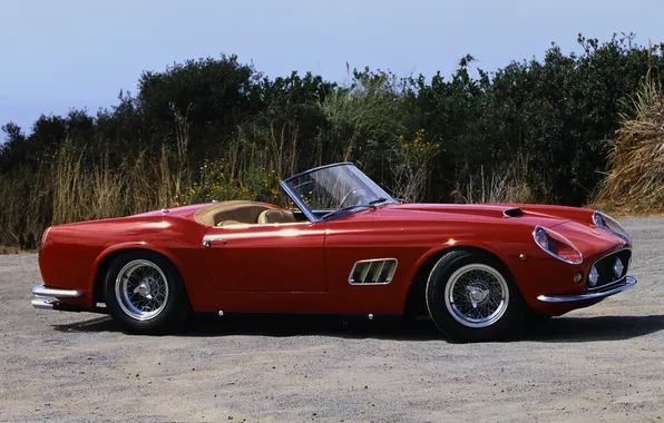 Картинка красный, фон, Феррари, 1960, Калифорния, Ferrari, классика, кусты