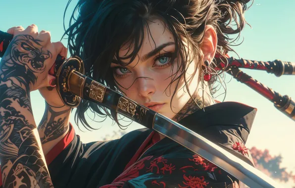 Girl, Tattoo, Katana, Blue Eyes, Kimono, Anime Girl, AI Art, AI Generated