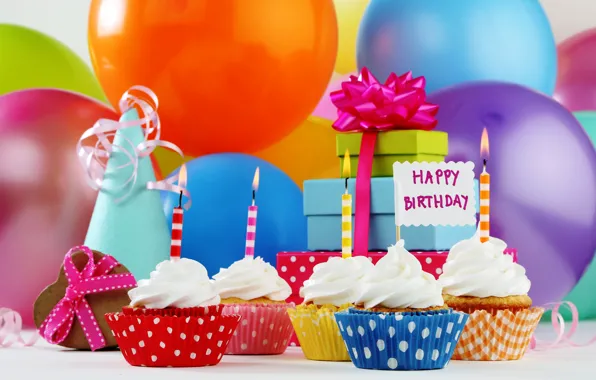 Картинка шары, свечи, подарки, Happy Birthday, cupcake, кексы, День Рождения