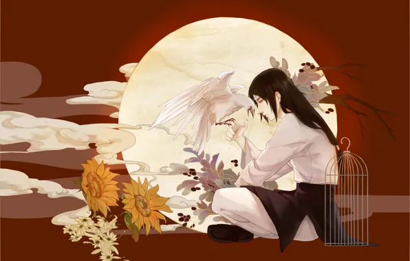 Цветы, птица, Наруто, Naruto, Hyuuga Neji