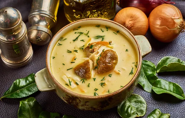 Лук, суп, кастрюля, овощи, грибной