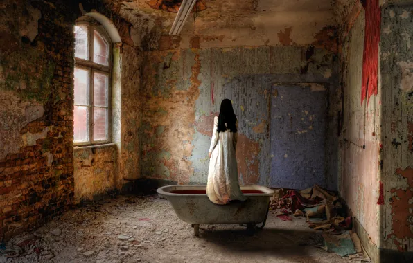 Картинка девушка, ванна, одна, заброшенное, опустошение, в крови