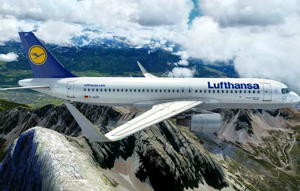 Горы, полёт, самолёт, Airbus, Airbus A320 Lufthansa