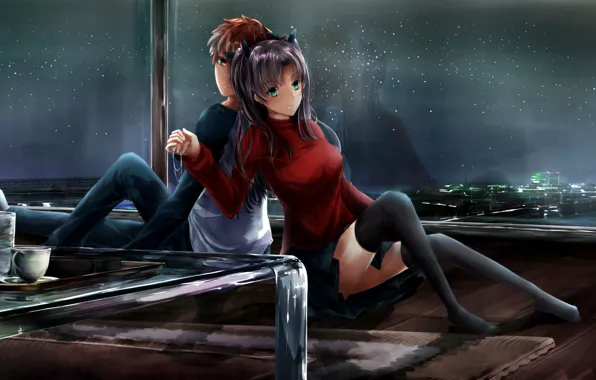 Ночь, аниме, окно, арт, пара, Fate Stay Night, Рин, Широ