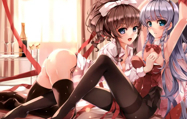 Girl, sexy, cleavage, blouse, thighhighs, long hair, boobs, anime