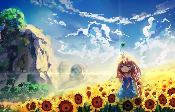 Картинка небо, облака, подсолнухи, горы, аниме, арт, девочка, chibionpu