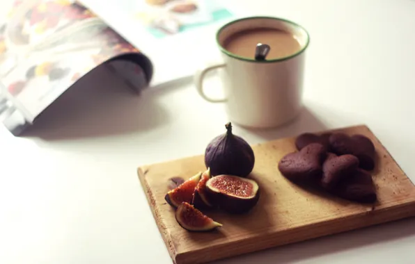 Food, coffee, breakfast, cookies, figs, magazine