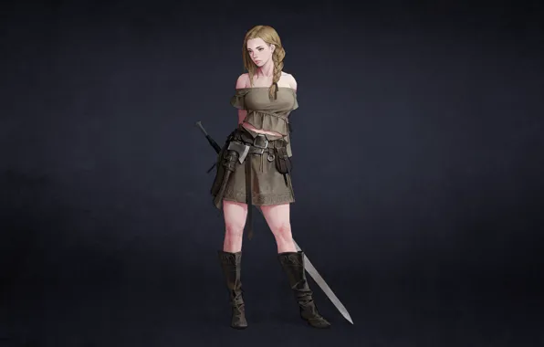 Девушка, Минимализм, Блондинка, Girl, Меч, Арт, Art, Blonde