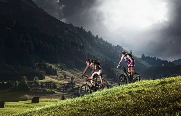 Картинка горы, природа, женщина, Альпы, мужчина, велосипедисты, туристы
