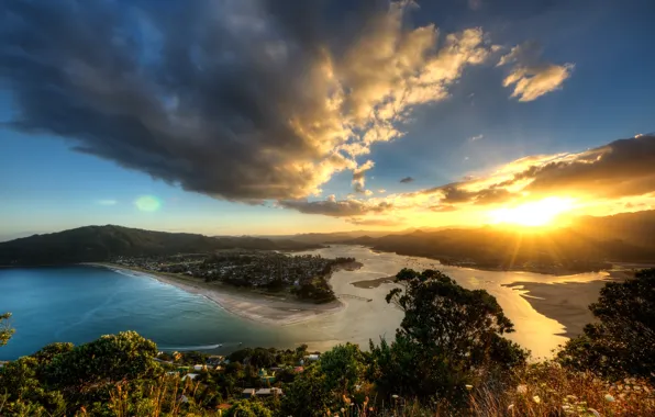 Картинка солнце, лучи, закат, вид, высота, вечер, Новая Зеландия, панорама