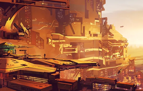 Небо, город, горизонт, future, Sci fi cityscape