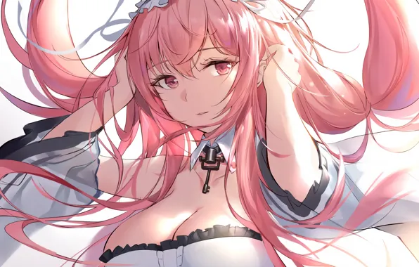 Girl, sexy, cleavage, blouse, pink hair, long hair, boobs, anime