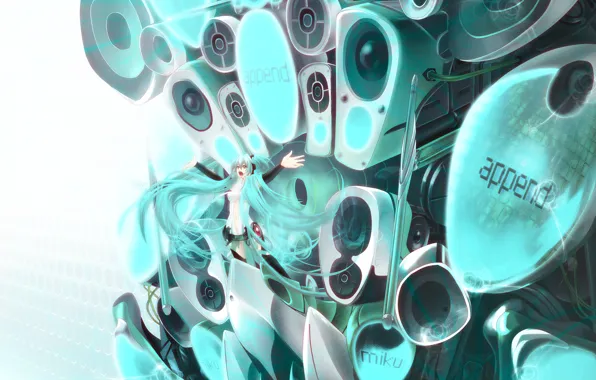 Взгляд, девушка, музыка, фон, арт, колонки, vocaloid, hatsune miku