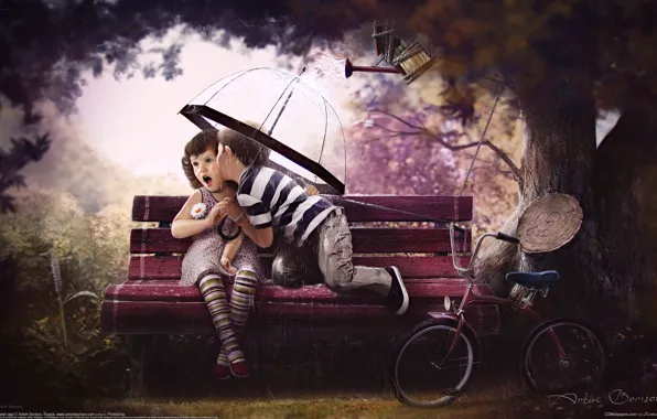 Картинка любовь, скамейка, велосипед, дети, дерево, sweet age, artem borisov