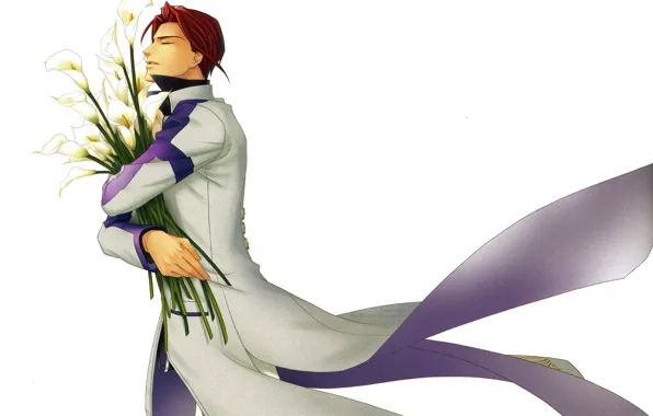 Букет, парень, обнимает, закрытые глаза, visual novel, калы, Kiniro no Corda, by yuki kure