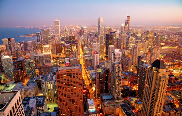City, город, рассвет, небоскребы, Chicago, morning