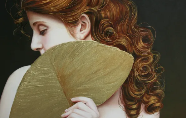 Картинка девушка, лицо, волосы, рука, веер, арт, профиль, рыжая