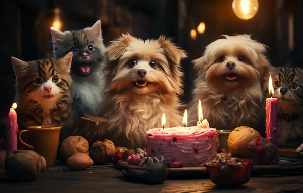 Собаки, взгляд, кошки, стол, праздник, коты, собака, свечи