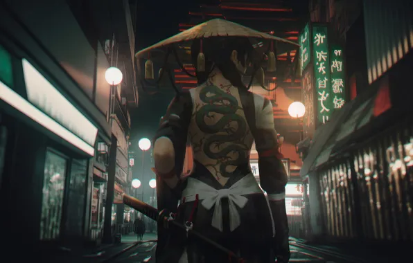 Dragon, art, night city, Tattoo, Samurai Girl, GUWEIZ, Anime Girl, Japanese city