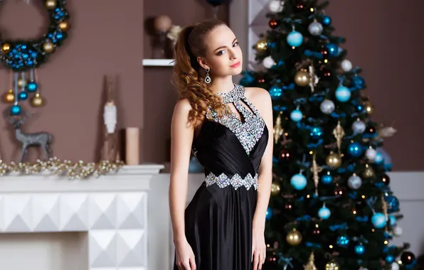 Украшения, комната, игрушки, новый год, макияж, платье, прическа, наряд