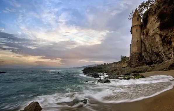 Картинка скала, побережье, башня, Калифорния, Pacific Ocean, California, Тихий океан, Laguna Beach