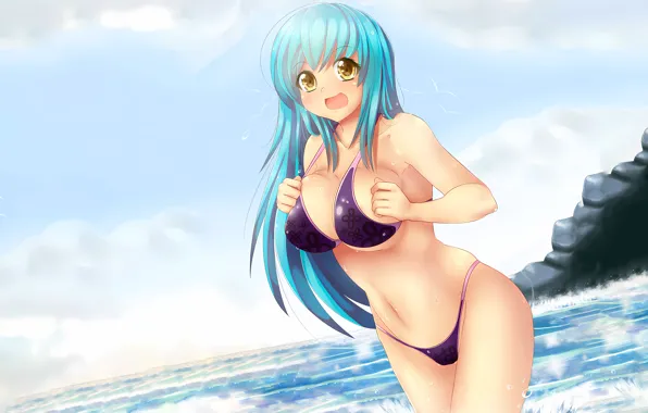 Girl, sexy, wet, cleavage, beach, sky, long hair, sea