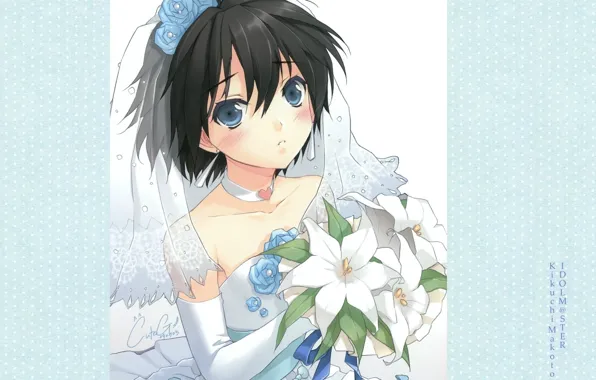 Букет, голубые глаза, невеста, фата, art, свадебное платье, idolmaster cinderella girls, CUTEG