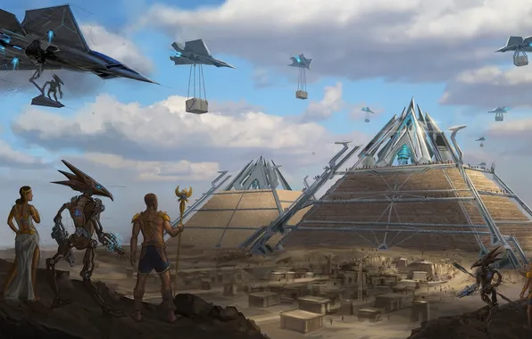 Картинка стройка, сооружение, арт, самолеты, пирамиды, пришельцы, египет